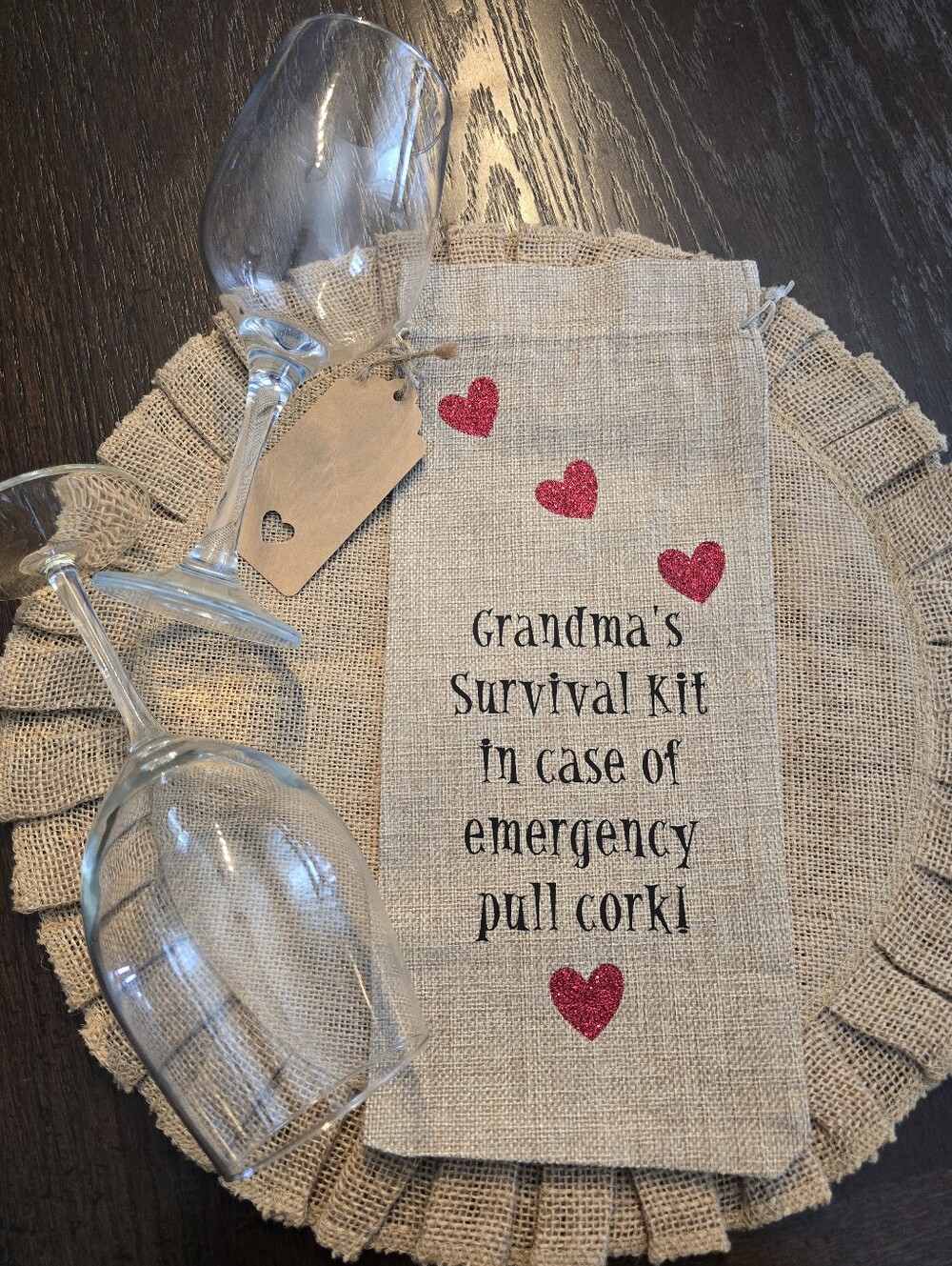 🍷Handmade Grandma Survival Kit Burlap Wine Bag NEW)